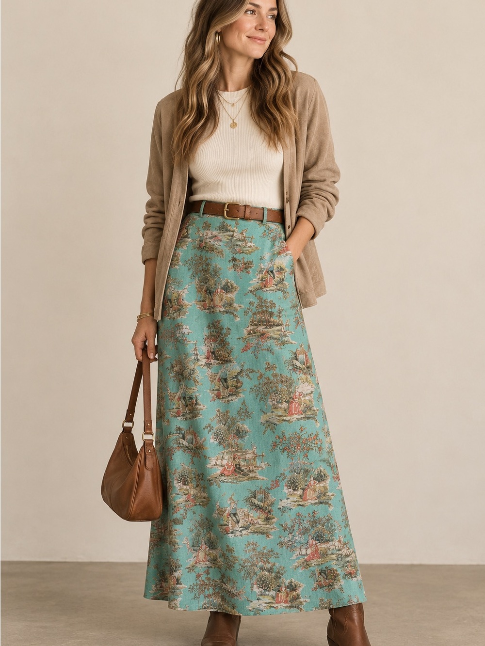 VTG Sharon Young Toile Pastoral Print Maxi Skirt Blue Green Mint - Sz L/XL